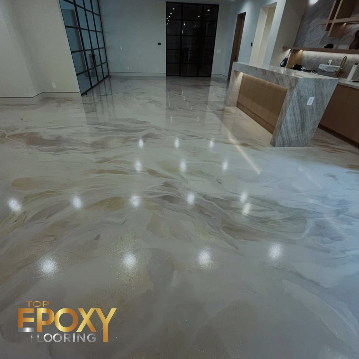 marbleized gold glitter metallic epoxy flooring
