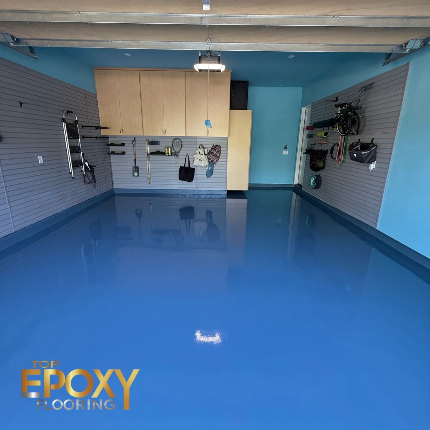 solid color blue epoxy floor in garage